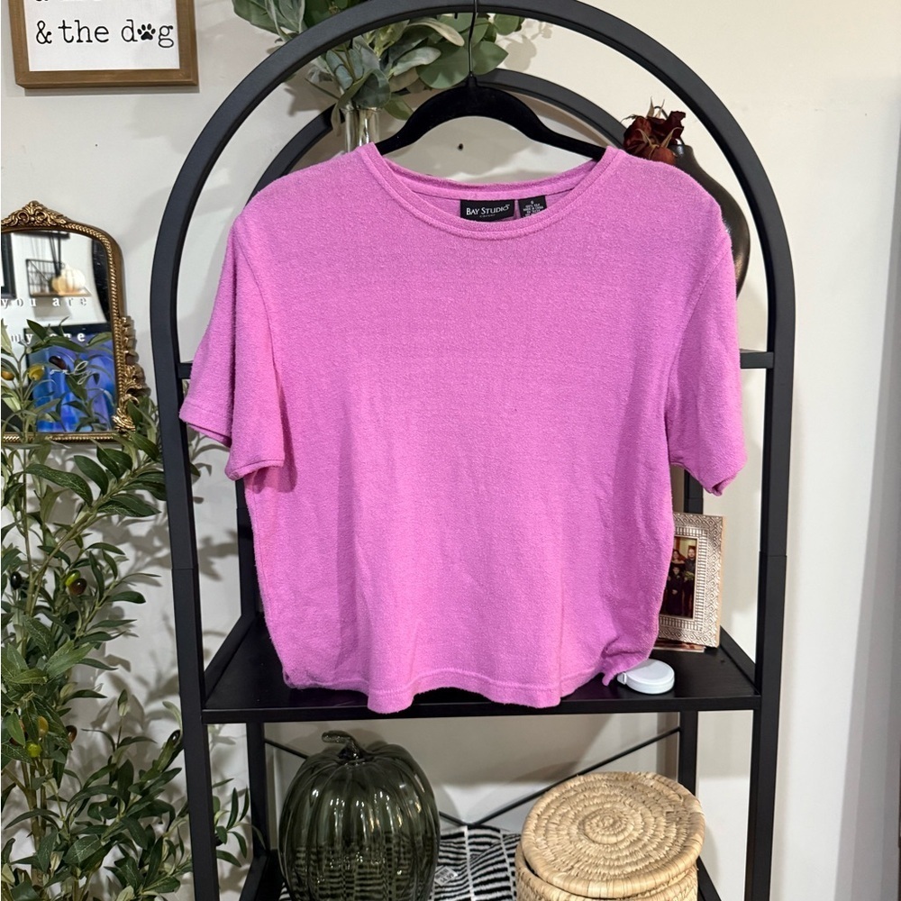 Bay Studio Vibrant Pink Short Sleeve crop Tee 100% silk size small
